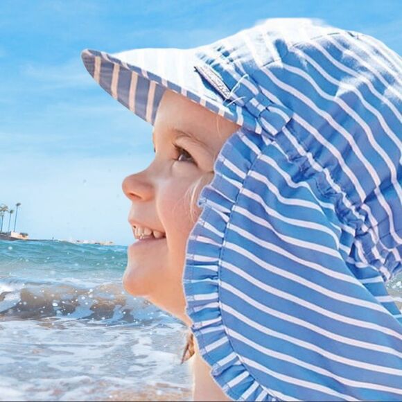 Jojo Maman Bebe Pretty Flap Hat blue with white stripes - Picture 2 of 9